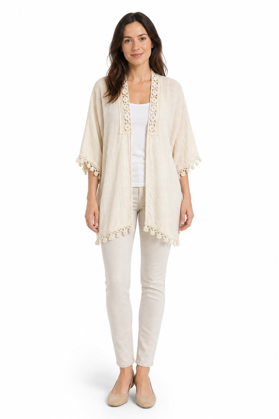 Sheln cream lace open back fringe beach open cardigan old money one size